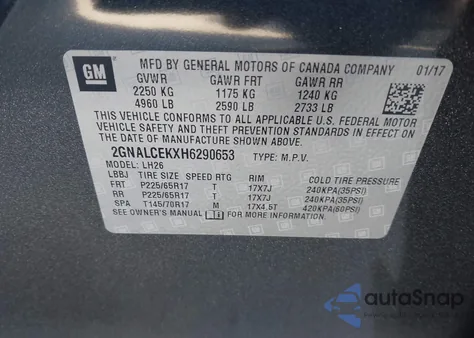 2017 Chevrolet Equinox Lt from USA, damaged, VIN 2GNALCEKXH6290653
